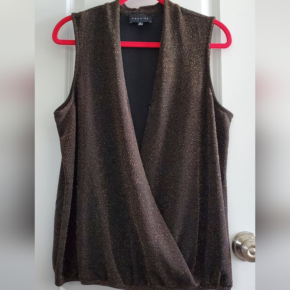 Crepe Dressy V Neck Top - Black with Gold Shimmer